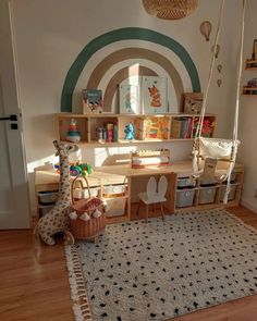 a child's room with toys and bookshelves