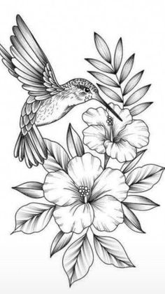 a black and white drawing of a hummingbird flying over flowers