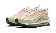 The Women’s Nike Air Max 97 “Multi-Pastel” is a women’s-exclusive colorway of the retro running shoe with multiple pastel colors on its design.  Ideal for warm weather wear, the Air Max 97 “Multi-Pastel” features a white mesh base with pink, mustard, and mint green leather overlays.  A black Swoosh appears within the lilac-colored overlay on the sides above the Sail foam midsole.  Small Swoosh branding is also found on the tongue.  Grey “Air Max” detailing appears on the pull tab on the heel.  F Pastel Shoes, Retro Running Shoes, Air Max 90 Premium, Bleached Denim, Nike Air Max For Women, Air Max Women, Weather Wear, Colorful Shoes, Air Max Plus