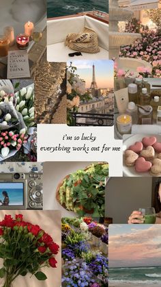 a collage of pictures with flowers and candles