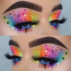 Glitter Eyes Makeup, Carnaval Make-up, Fantasy Make-up, Halloweenský Makeup, Make Up Designs, Pride Makeup, Girl Nails, Skin Photo, Rave Makeup