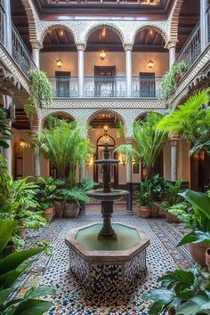 an indoor courtyard with potted plants and a fountain