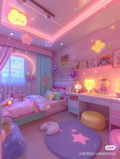 this is a bedroom with pink walls and purple carpeted flooring that has stars on the ceiling