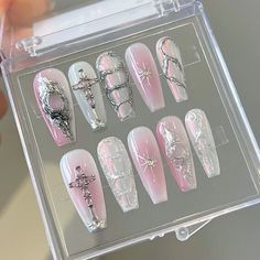 The whole shipping process is traceable! About Custom Design: 1. All nail design couldn't be change, includes colors and accessories. 2. We don't have nail custom design service temporary. About SIZE:  1. The Size Option refer to the width of the nails.  2. If you choose custom size, please write down your size in note area or send me a message.  3. The minimum size we can make is 8mm and the maximum size is 17mm. 4. Please notice that the unit of measurement is millimeter. About SHAPE:  1. Diff Ongles Goth, Sliver Nails, Nail Appointment, Cross Nails, Stunning Nails, Gothic Nails, Goth Nails, Acrylic Press On Nails, Grunge Nails