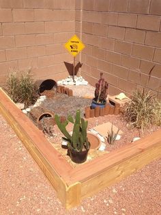 a wooden planter filled with cacti and rocks