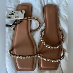 Brand New With Tags. Size 41 Elegant Zara Sandals For Vacation, Zara Flat Sandals For Party, Zara Strappy, Zara Flats, Purple Sandals, Zara Sandals, Strappy High Heels Sandals, Leather Strap Sandals, Zara Gold