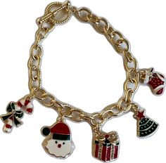 Christmas Party Adjustable Charm Bracelet, Christmas Holiday Jewelry Bracelet, Christmas Holiday Bracelet Jewelry, Gold Christmas Party Bracelets, Gold Christmas Festive Bracelets, Gold Bracelets As Christmas Gifts, Christmas Festive Jewelry Charms, Christmas Festive Charms Jewelry, Christmas Festive Jewelry With Charms