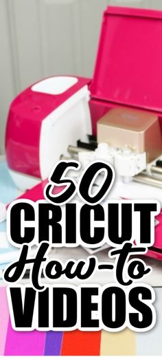 the words 50 cricut how to videos are displayed in front of an open pink case