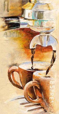 a painting of coffee being poured into two cups