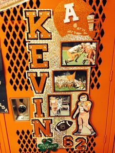 an orange locker with pictures and letters on it