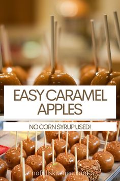 chocolate caramel apples are stacked on top of each other with the words easy caramel apples above them