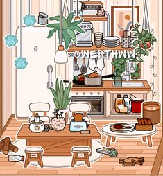 a kitchen filled with lots of clutter next to a wooden table and shelves full of dishes