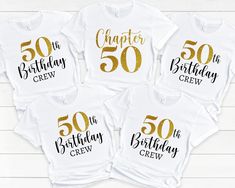 three birthday shirts with the number fifty and 50 on them, in gold foil lettering