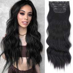 PRICES MAY VARY. Each pack includes: 24 inch long hair extensions 4 pics.2 pieces of 4.8 inches wide 2 clips in wefts;1 piece of 6 inches wide 3 clips in weft;1 piece of 7 inches wide 4 clips in weft. There might be a little bit of weight on it, and it'll take a while to get used to Easy for Install:Clip in hair extensions are so easy to apply that almost anyone can put them in without external help. Even if you’ve never worn extensions, you will be able to add length and color to your hair in a Long Hair Extensions Styles, Black Clip In Hair Extensions, Extensions Black Hair, Thick Hair Extensions, Hair Extensions Black, Hair Extensions Styles, Black Wavy Hair, Blonde Wavy Hair, Wavy Hair Extensions