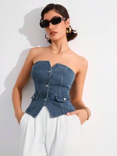 Bustier Over Shirt Outfit, Bustier Over Shirt, Bustier Top Outfits, Denim Bustier Top, Elegant Crop Top, Denim Tube Top, Denim Top Women, Denim Bustier, Top Bustier