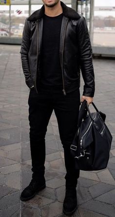 Mens Fashion Black Outfit, Men Wearing All Black, Lucifer Outfits Men, Black Tims Outfits Men, Black Men Winter Outfits Street Style, Men Outfit All Black, Men Black Boots Outfit, All Black Mens Outfits Casual, Black Winter Outfits Men