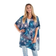 Sophisticated and simple, this women's kimono style topper from Linda Anderson is the perfect accessory to finish your outfit, for anything from a night on the town to a trip to the grocery store.Sophisticated and simple, this women's kimono style topper from Linda Anderson is the perfect accessory to finish your outfit, for anything from a night on the town to a trip to the grocery store. How do you accessorize? Check out our ACCESSORIES GUIDE for essential tips to elevate your style with must- Blue Floral Print Summer Outerwear, Summer Blue Floral Print Outerwear, Blue Floral Print Outerwear For Vacation, Blue Kimono Sleeve Outerwear For Vacation, Blue Outerwear With Kimono Sleeves For Vacation, Blue Wrap Outerwear For Spring, Oversized Blue Kimono, Blue Oversized Kimono, Oversized Blue Kimono For Spring