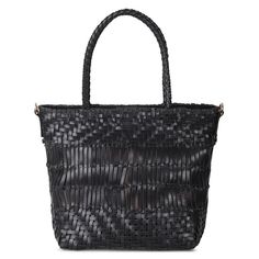 Small tote in black woven leather. Fully lined with magnetic snap closure and inside pockets. Detachable woven shoulder strap. Woven Leather Tote, Leather Industry, Black Image, Helly Hansen, Small Tote, Leather Tote Bag, Leather Working, Snap Closure, Louis Vuitton Damier