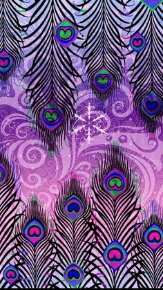 purple and blue peacock feathers with swirls in the middle on a pink, black background