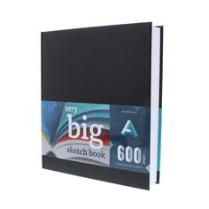 the very big a sketch book is black and has blue trimmings on it