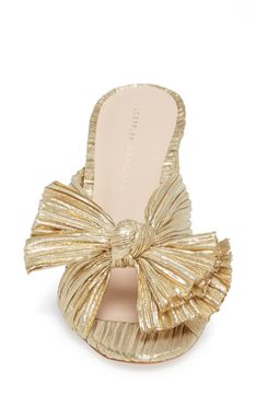 Crinkled lamé brings shimmer and texture to a fête-ready sandal shaped with a wrapped column heel and an artfully knotted bow over the toe. Style Name:Loeffler Randall Penny Knotted Lamé Sandal (Women). Style Number: 5601475. Street Trends, Loeffler Randall, Sandal Women, Slide Sandals, Penny, Womens Sandals, Knot, Almond, Hair Care