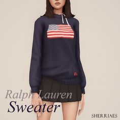 a woman wearing a skirt and sweater with an american flag on the back of her shirt