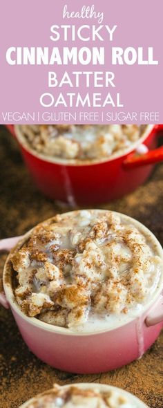 two bowls filled with cinnamon roll oatmeal sitting on top of a table