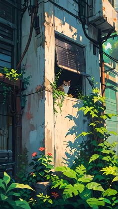 a cat sitting in the window of an old run down building surrounded by greenery