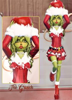 a woman dressed up as the grinch for christmas