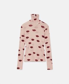 Women Dusty pink and red Long-Sleeve Lips Print Turtleneck Top Designer Printed Tops For Spring, Designer Fitted Printed Tops, Fitted All Over Print Tops For Fall, Designer Red Tops For Fall, Designer Winter Tops, 2024 Runway, Sleeve Silhouette, Short Denim Skirt, Lips Print