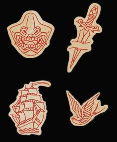 four stickers with different designs on them, including a pirate ship and an eagle