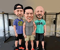 Three Guys In The Gym Caricature Portrait Caricature Drawer, Family Caricatures, Group Caricature, Friends Hanging Out, Caricature Artist, Caricature Drawing, Three Boys, Three Friends, Online Group