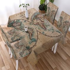 a dining room table with a world map on it