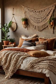 a bed with blankets, pillows and plants on the headboard is shown in front of a window