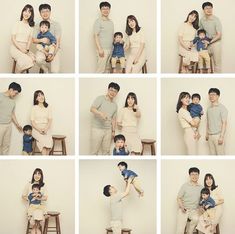 a collage of photos shows a family posing with their baby and toddler in different poses