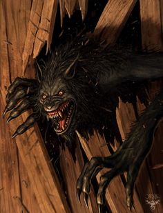 an evil looking monster with its mouth open and claws out, standing in front of a wooden fence