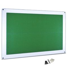 a green and white wall mounted panel with screws on the bottom, in front of a white background