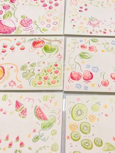 four drawings of different fruits and vegetables on paper