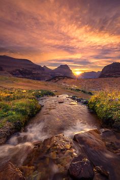 a stream running through a lush green valley under a cloudy sky with mountains in the background