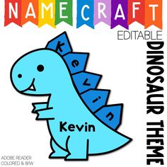 a blue dinosaur with the name craft on it's back and words in front