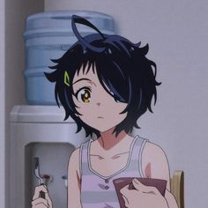 an anime character holding a cell phone in front of a water cooler with the door open