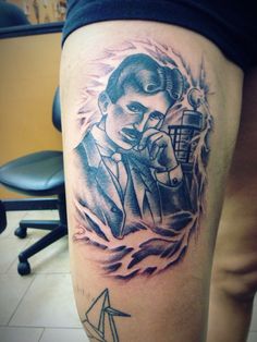 Nikola tesla thigh piece. Done by whitey at marvel tattoo - south bend IN Marvel Tattoos, Thigh Piece, Nikola Tesla, South Bend, I Tattoo, Tesla, Portrait Tattoo, Bend, Marvel