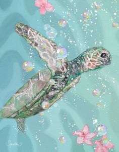 a painting of a sea turtle swimming in the ocean with bubbles and flowers around it