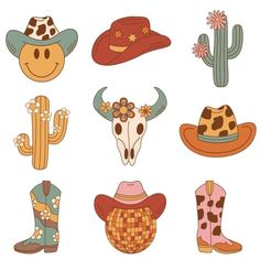 various cowboy hats and cactus plants on a white background