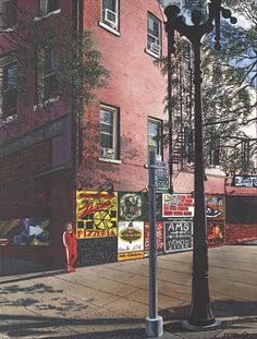 a painting of a street corner with signs on the side and a lamp post in front