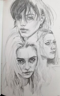 a pencil drawing of three women with different facial expressions