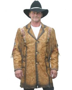 Antique cow soft leather. Button front closure. Full satin lined with inner pocket and two outer pockets. Sand bead detailing on shoulder. Western Leather Outerwear With Button Closure, Western Style Leather Outerwear With Button Closure, Western Leather Outerwear With Snap Buttons, Brown Leather Outerwear For Western-themed Events, Pocket Sand, Cowboy Gear, Mens Leather Boots, Western Design, Long Jacket