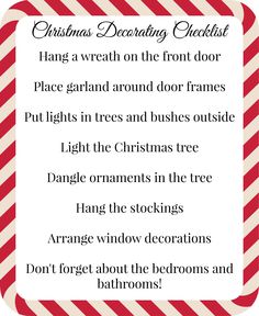 christmas decorating checklist with red and white stripes