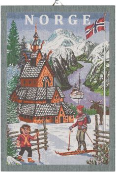 a cross stitch pattern with two children on skis in front of a village and flag