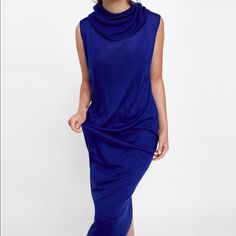 Lightweight Knit Sleeveless Turtleneck Dress. Ribbed Trim. Model Height: 5' 10" (178 Cm) Box #93 & 90 Chic Summer Maxi Dress With Cowl Neck, Chic Cowl Neck Maxi Dress For Summer, Chic Blue Cowl Neck Dress, Blue Cowl Neck Party Dress, Blue High Neck Maxi Dress For Summer, Casual Fitted Cowl Neck Dress, Zara Casual Midi Sleeveless Dress, Zara Stretch Sleeveless Dress, Chic Sleeveless Stretch Dress By Zara